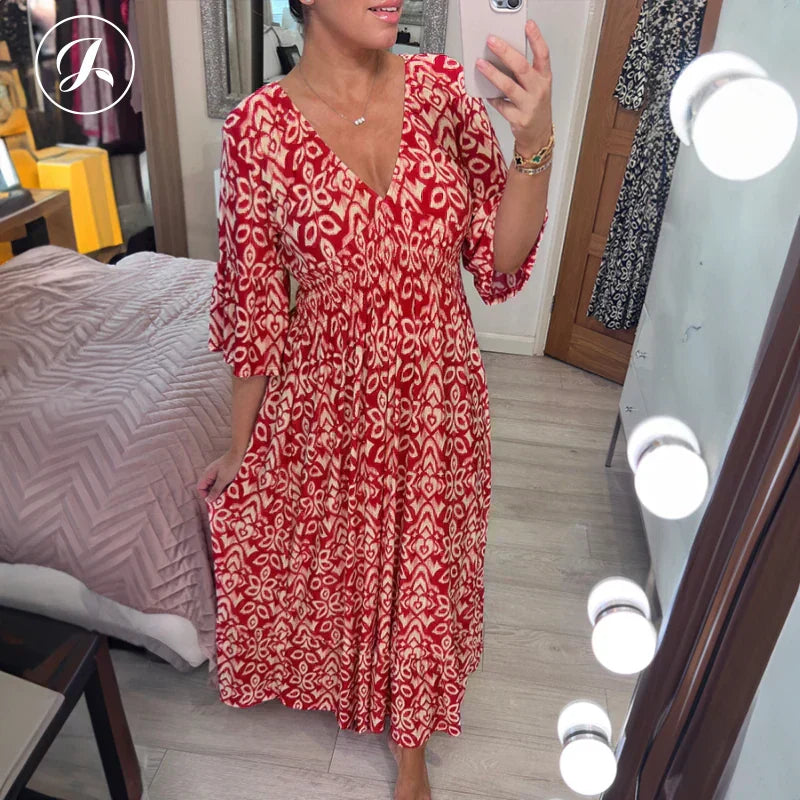 🎉LAST DAY SALE 49% OFF💖Bohemian casual print V-neck waist wrap long dress