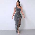 💃Christmas Gift 50% OFF!!💋Women's Glitter Sequins One Shoulder Ruched Split Thigh Bodycon Dress