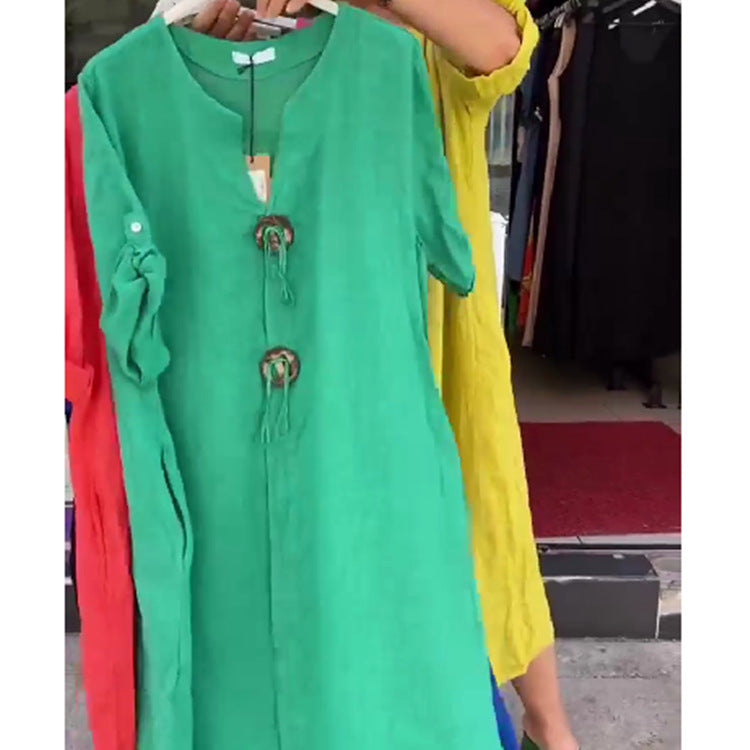 Casual V-neck Cotton and Linen Dress