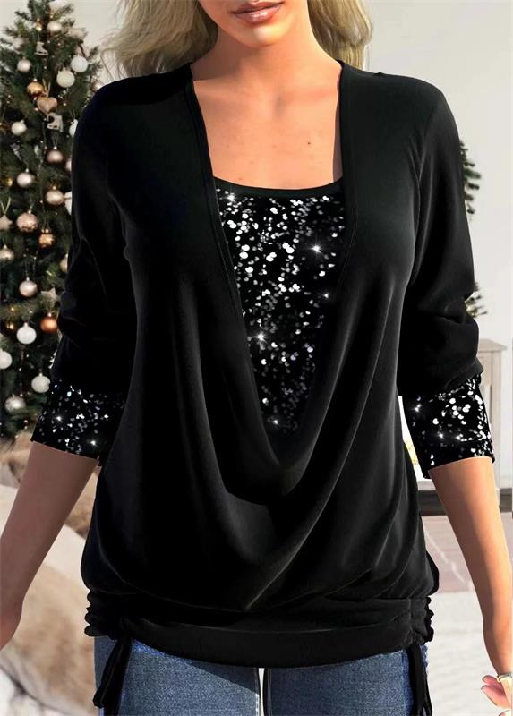 💜LAST DAY PROMOTION - 49% OFF💜Sequin Loose Smocked Fake Two-Piece Top