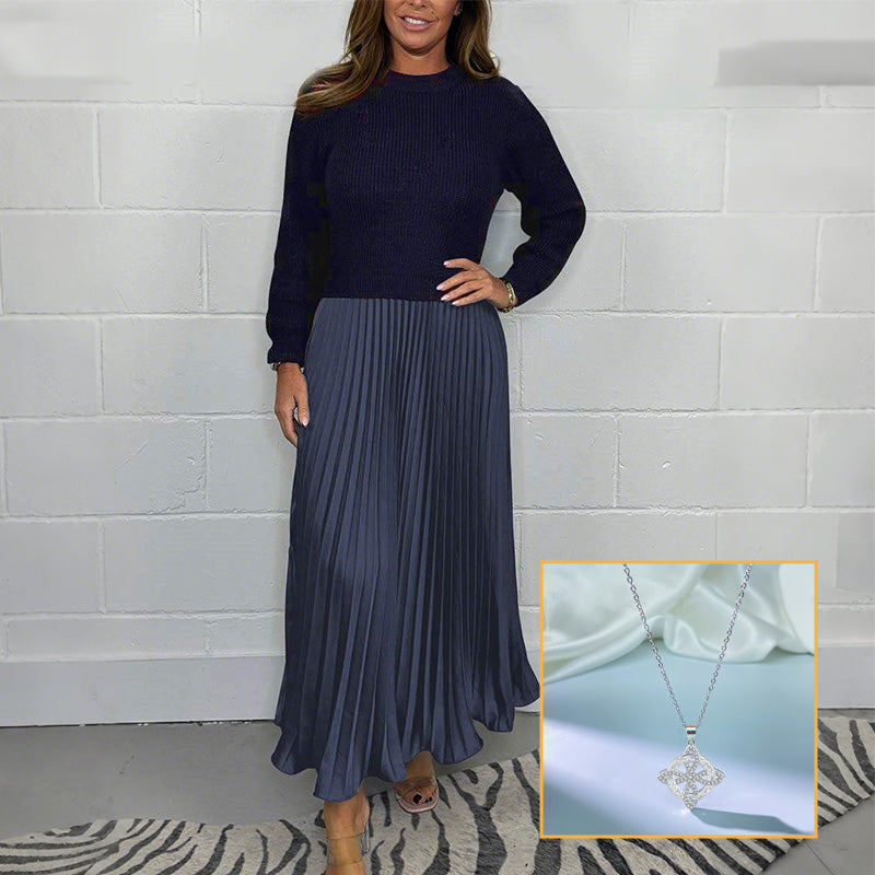 Women's solid color Long Sleeve Jumper & Pleated Bottom Dress
