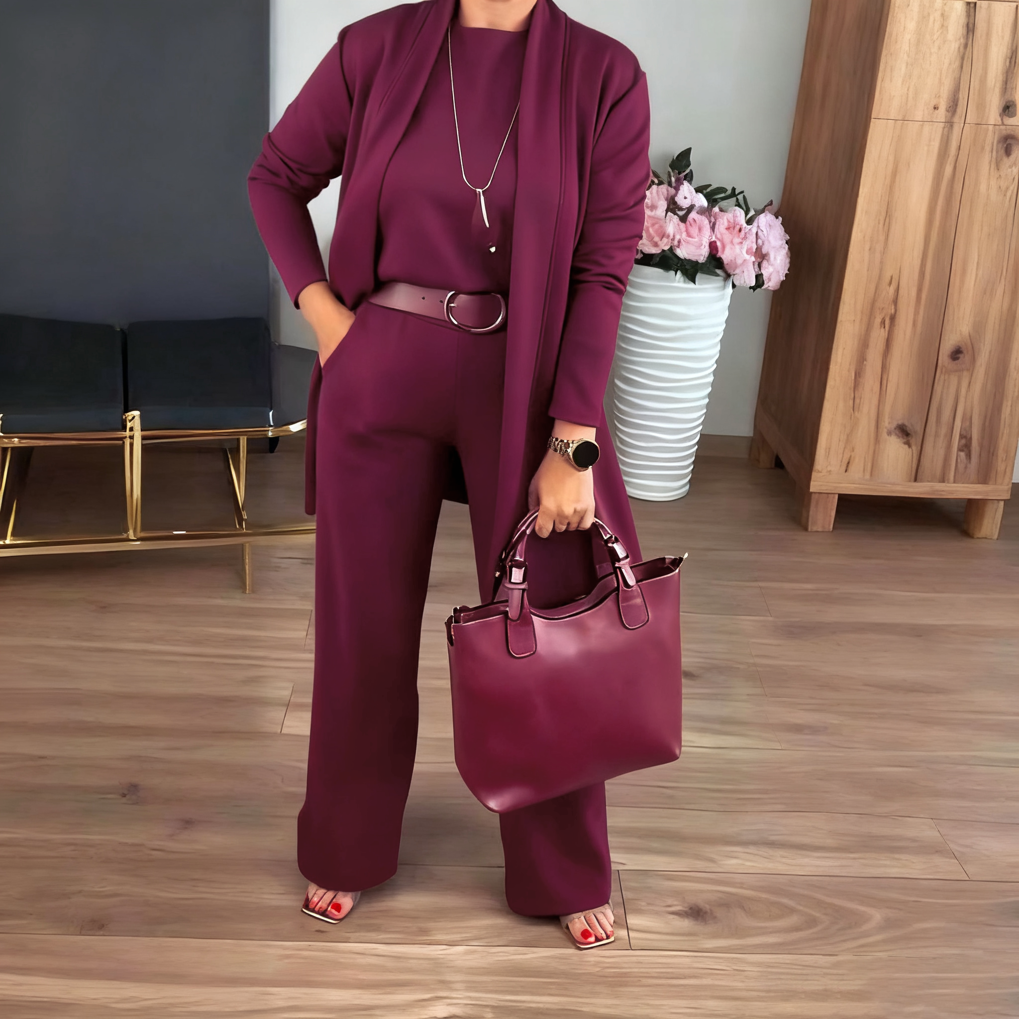 💞Hot Sale💞Elegant 3-piece Set Including Long Cardigan, Top and Pants