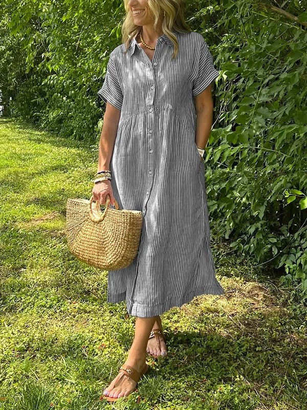 ⏰ Now only 50% off!🔥Striped Lapel Button Down Shirt Dress | With Functional Pockets