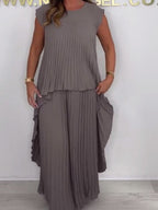 ⏳Limited Time 49% OFF🔥Laney Pleated Short Sleeve Irregular Midi Top and Elastic Waist Wide Leg Pants Set✨