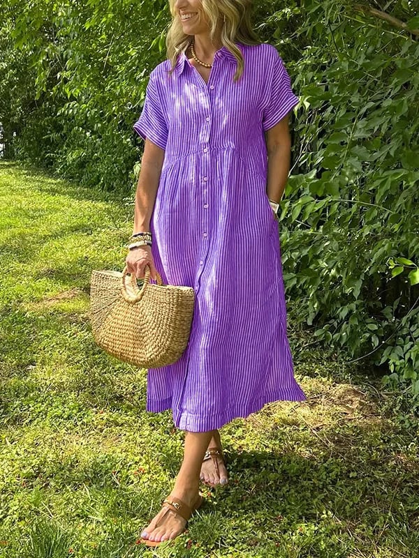 ⏰ Now only 50% off!🔥Striped Lapel Button Down Shirt Dress | With Functional Pockets