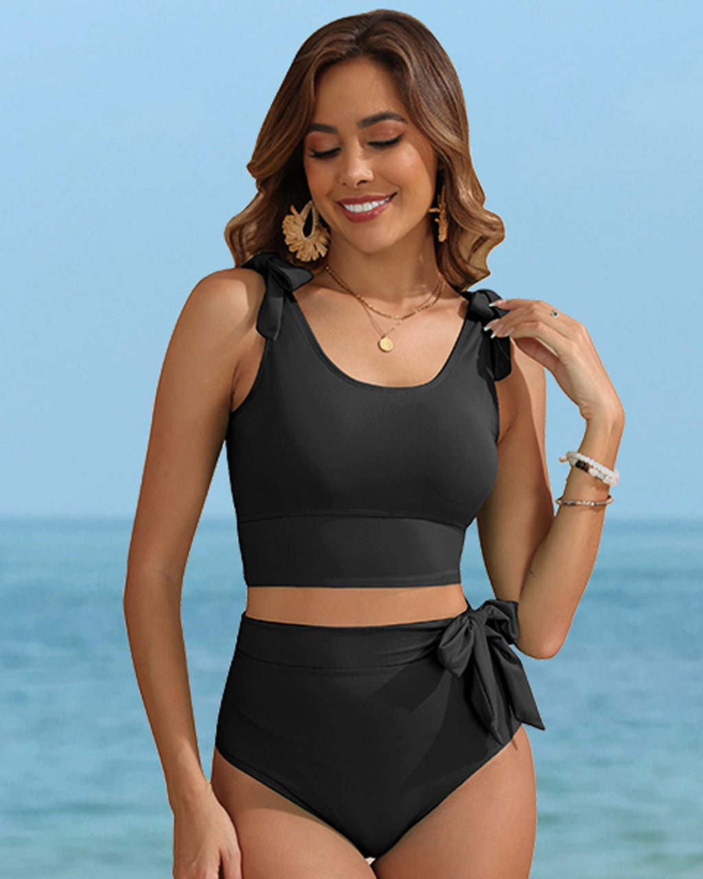 💥Last Day Special Sale 49% OFF🩱Double Tie Shoulder High Waist Tummy Control Bikini Set