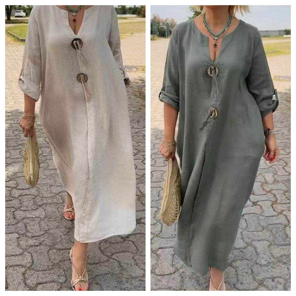 Casual V-neck Cotton and Linen Dress