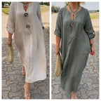 Casual V-neck Cotton and Linen Dress
