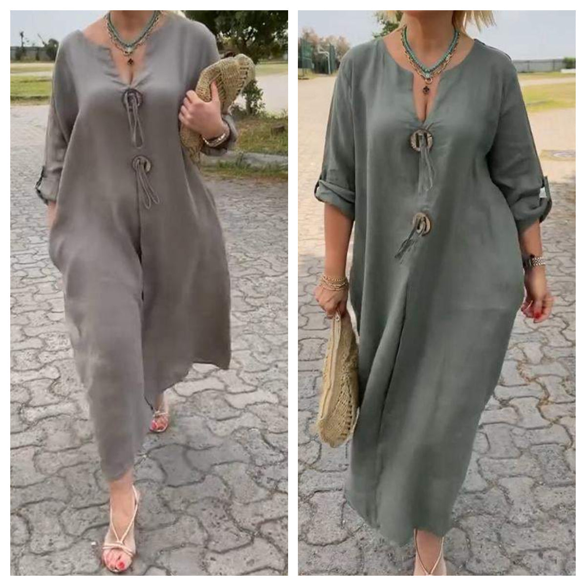 Casual V-neck Cotton and Linen Dress