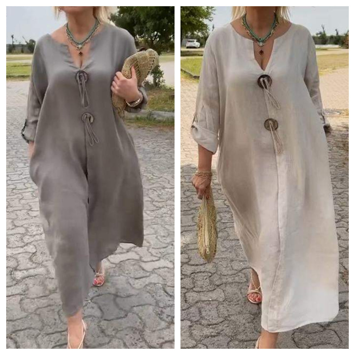 Casual V-neck Cotton and Linen Dress