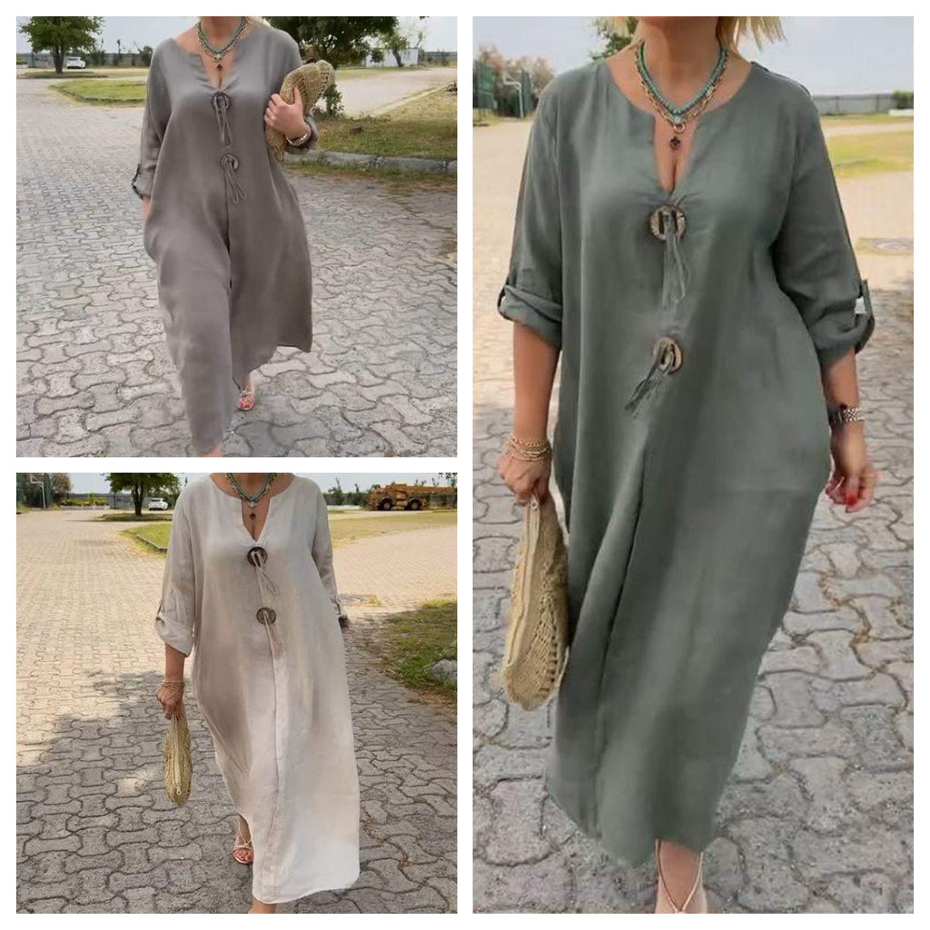Casual V-neck Cotton and Linen Dress