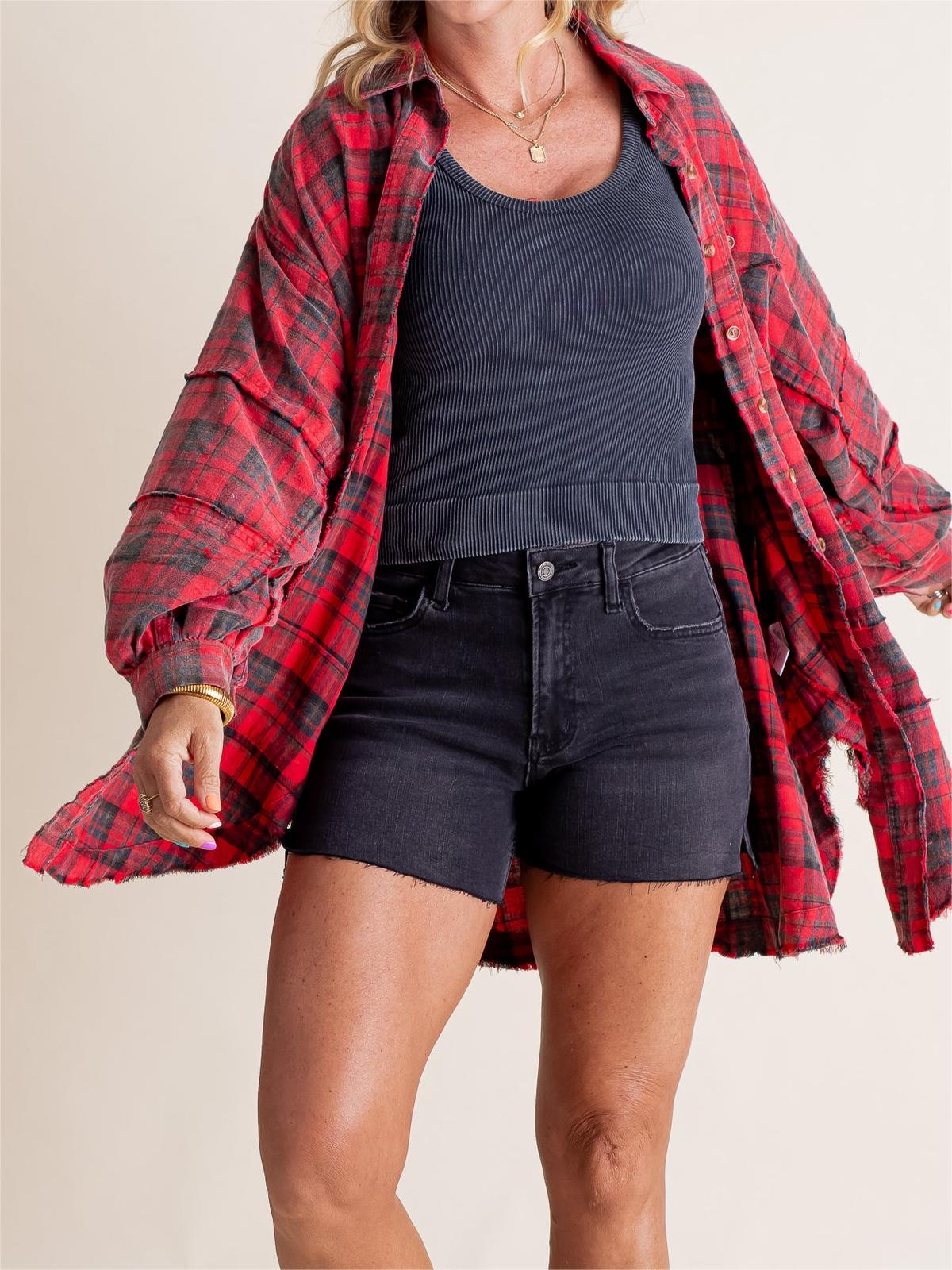 💖LAST DAY SALE 49% OFF🏆Women's Mineral Washed Button Down Plaid Shirt