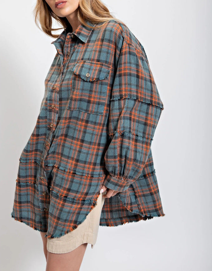 💖LAST DAY SALE 49% OFF🏆Women's Mineral Washed Button Down Plaid Shirt