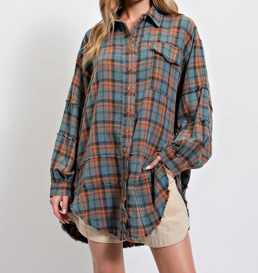 💖LAST DAY SALE 49% OFF🏆Women's Mineral Washed Button Down Plaid Shirt