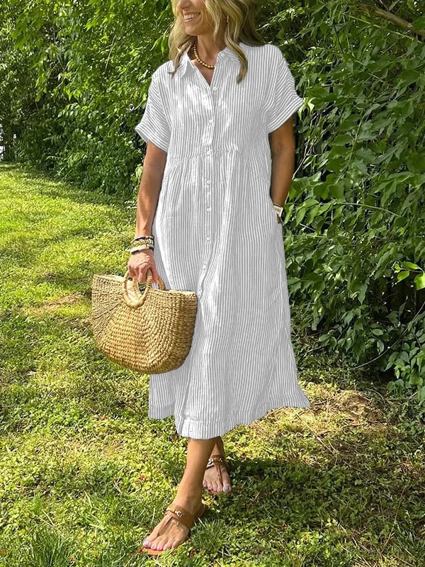 ⏰ Now only 50% off!🔥Striped Lapel Button Down Shirt Dress | With Functional Pockets
