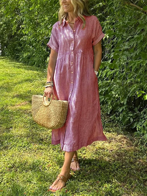 ⏰ Now only 50% off!🔥Striped Lapel Button Down Shirt Dress | With Functional Pockets