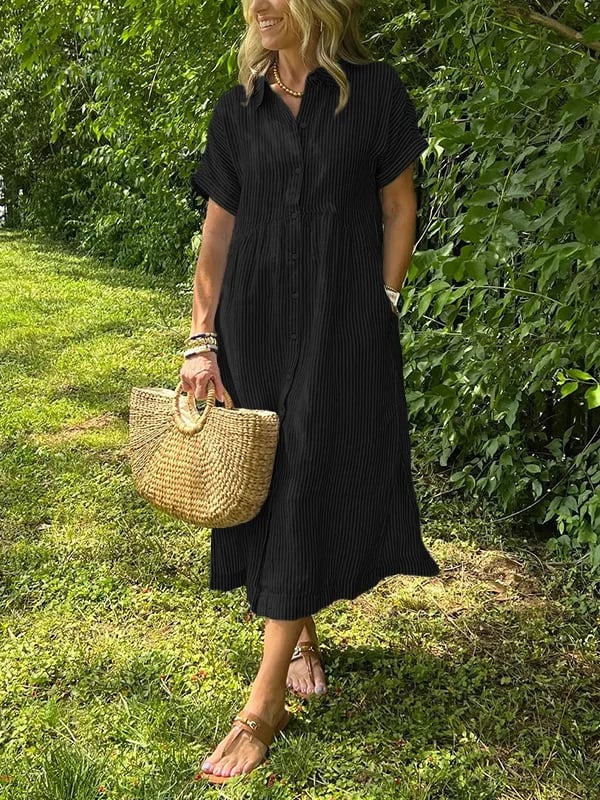 ⏰ Now only 50% off!🔥Striped Lapel Button Down Shirt Dress | With Functional Pockets