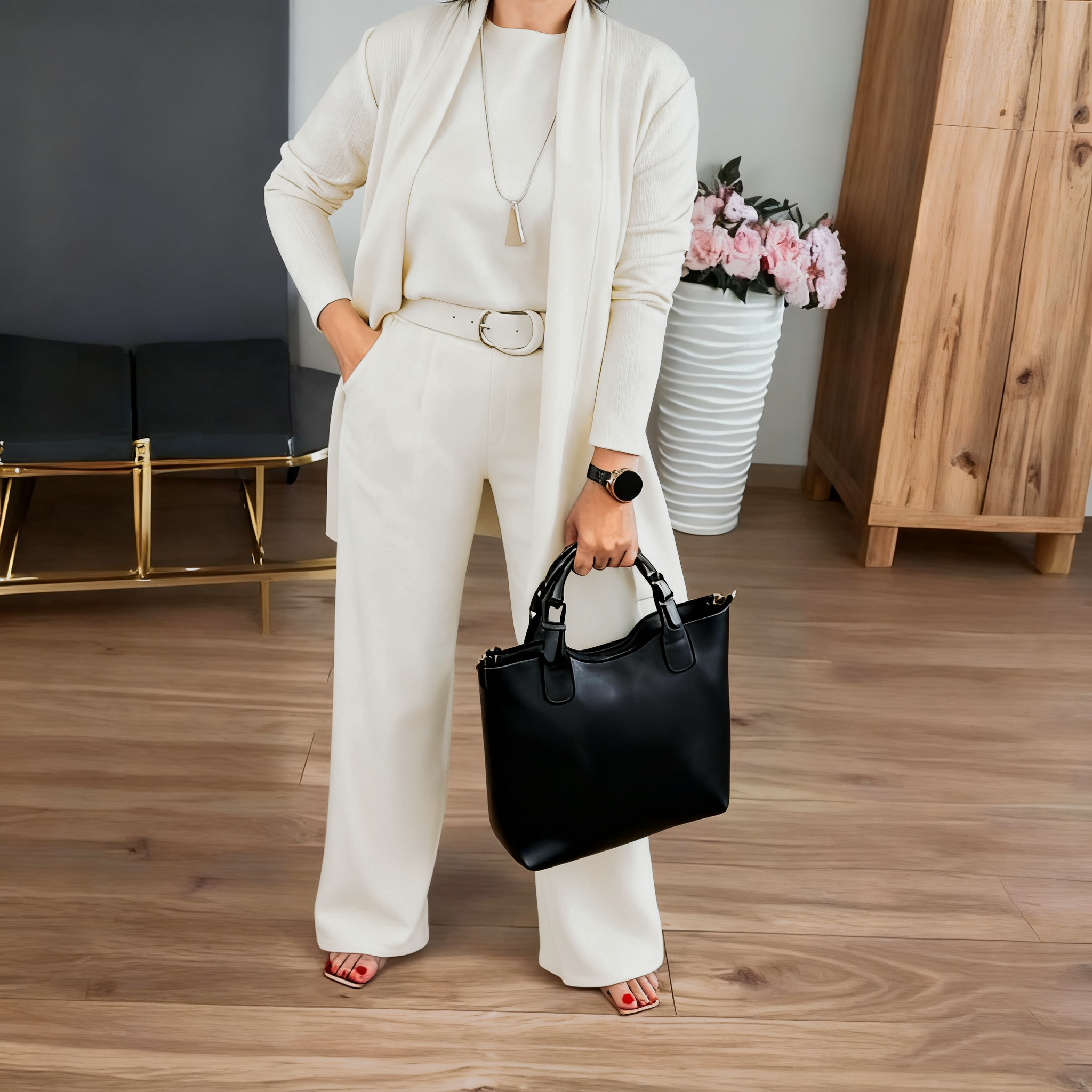 💞Hot Sale💞Elegant 3-piece Set Including Long Cardigan, Top and Pants