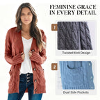 Women's Fall Casual Long Sleeve Button Down Open Front Cable Knit Cardigan Sweater Coat