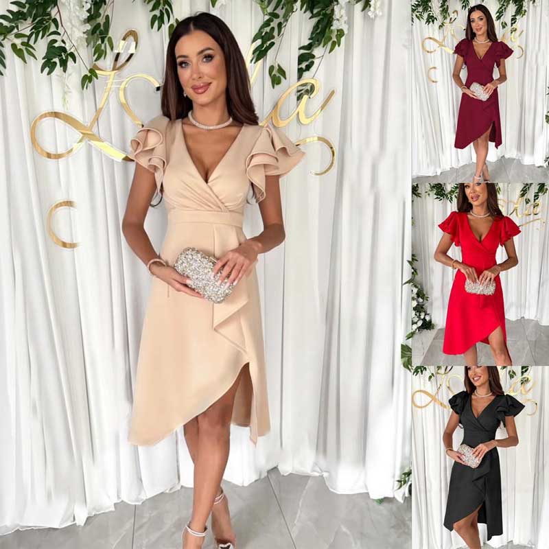🎉Order now and save 49%🎁Sexy short sleeve dress with ruffled V neck