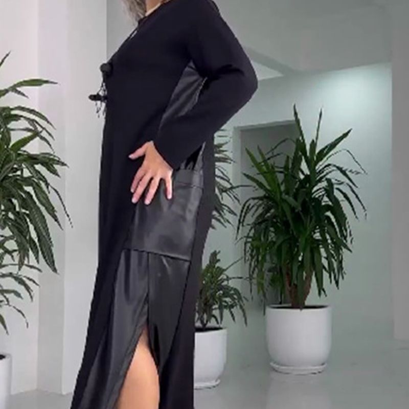 🍂Autumn Sale-50% Off💥Women's Casual Loose Leather Patchwork Dress with Pockets