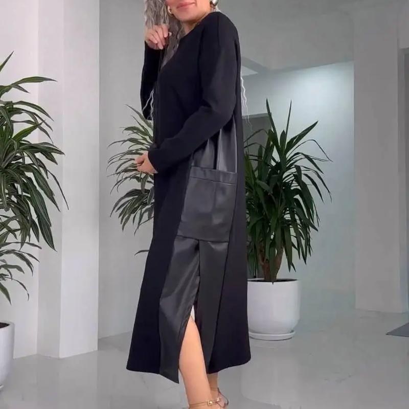 🍂Autumn Sale-50% Off💥Women's Casual Loose Leather Patchwork Dress with Pockets