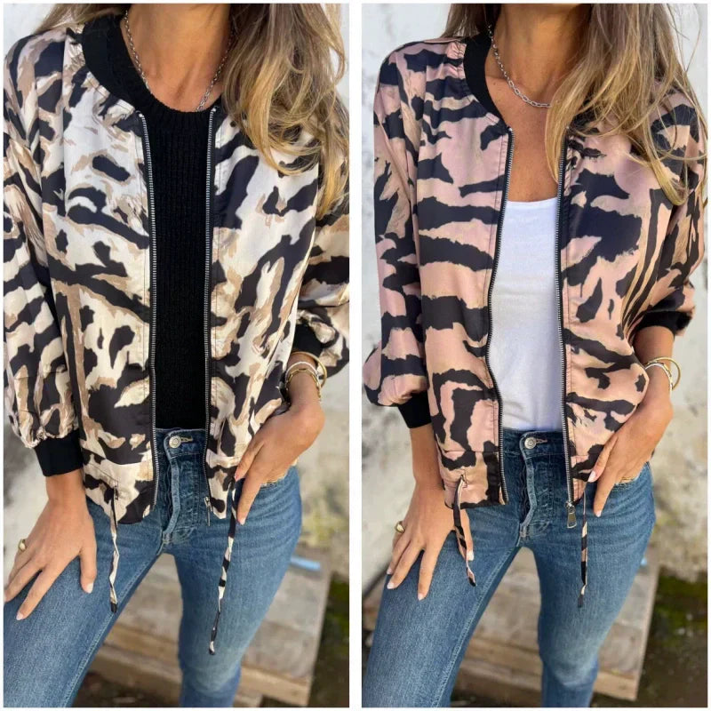 🎉Hot Sale 49% OFF🎉 Women's Fall Zebra Print Zipper Bomber Jacket