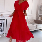 💐 Women's Solid V-Neck Pleated Flowy Dress