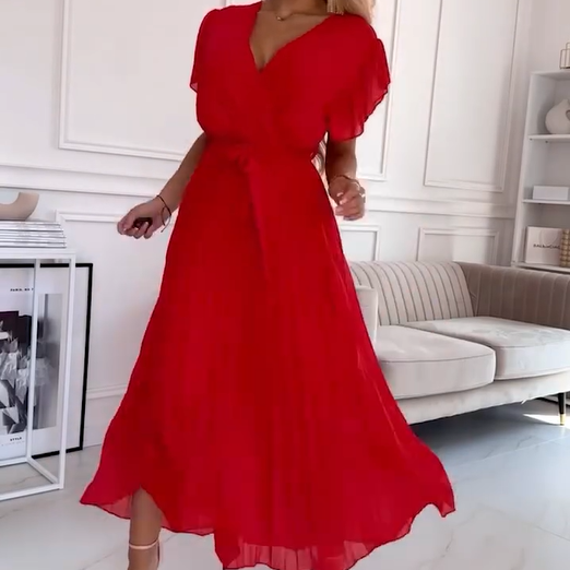 💐 Women's Solid V-Neck Pleated Flowy Dress