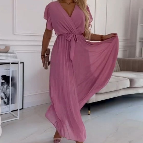 💐 Women's Solid V-Neck Pleated Flowy Dress