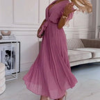 💐 Women's Solid V-Neck Pleated Flowy Dress