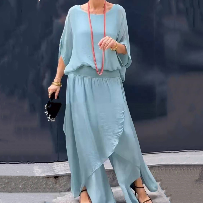 💃 Loose Top & Slit Wide-Leg Pants Chiffon 2-Piece Set✨