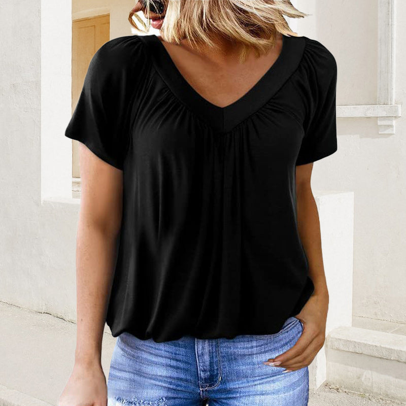✨Women's Casual Pleated V-Neck Short-Sleeve Top