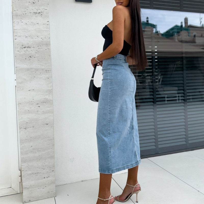 💕Limited Time 49% Off💕Stylish Button Closure Split Denim Bodycon Skirt
