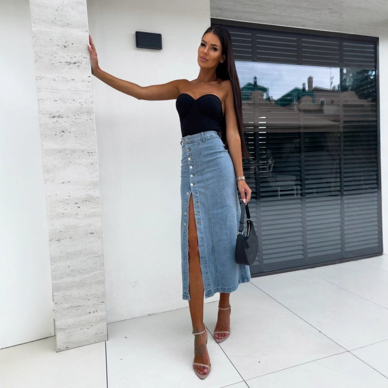 💕Limited Time 49% Off💕Stylish Button Closure Split Denim Bodycon Skirt