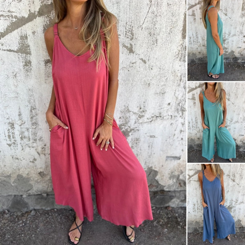 🍧Summer Hot Sale 💞Women's Casual Loose Cotton-Linen Blend Jumpsuit with Pockets and Adjustable Straps