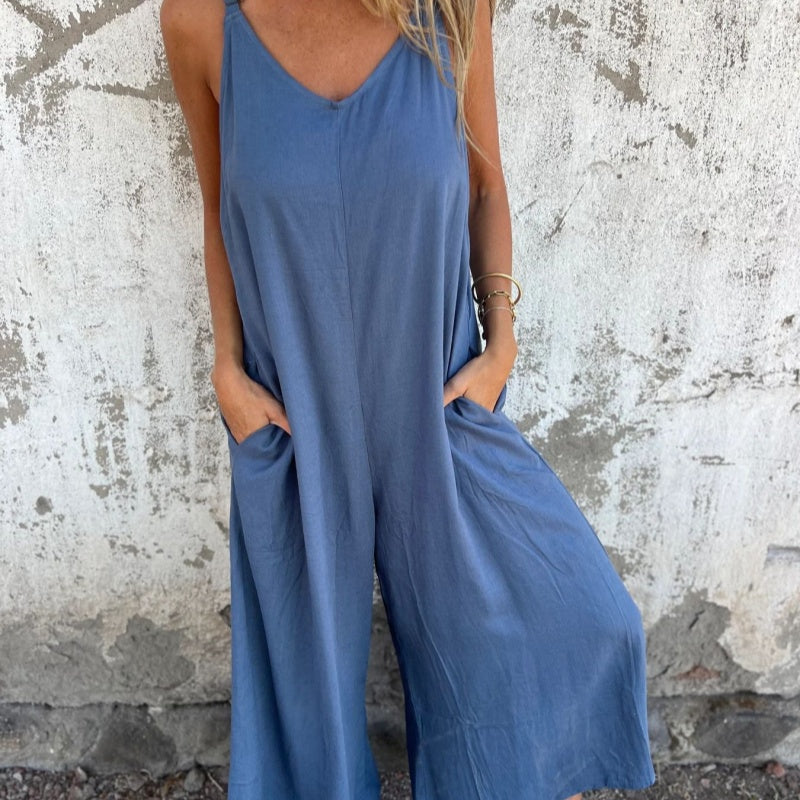 🍧Summer Hot Sale 💞Women's Casual Loose Cotton-Linen Blend Jumpsuit with Pockets and Adjustable Straps
