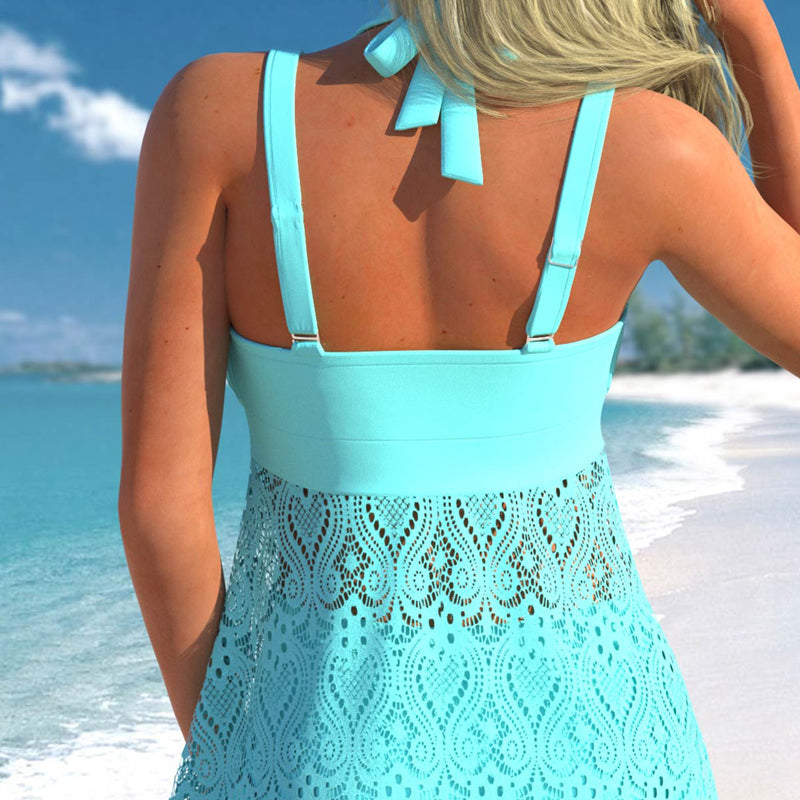 ✨Summer Hot Sale 🔥Women's V-Neck Lace Swimdress ＆ Boyshorts Two-Piece Set