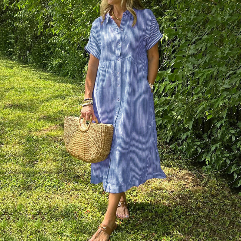 ⏰ Now only 50% off!🔥Striped Lapel Button Down Shirt Dress | With Functional Pockets