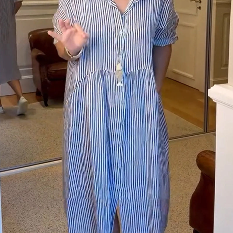 ⏰ Now only 50% off!🔥Striped Lapel Button Down Shirt Dress | With Functional Pockets