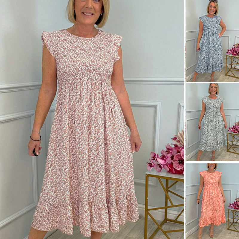 🎉🛍️Hot Promotion 49% OFF💃Women's Elegant Floral Print High-Waisted Ruffle Cap Sleeve Dress