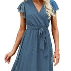 🎗️Elegant Wrap V-Neck Tie Waist Ruffle-Sleeve Dress🤍