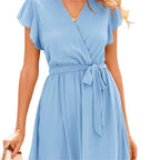 🎗️Elegant Wrap V-Neck Tie Waist Ruffle-Sleeve Dress🤍