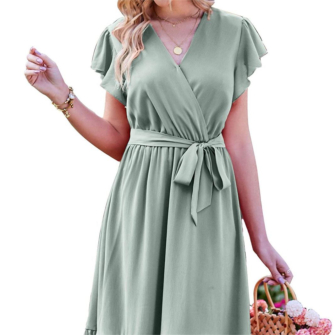 🎗️Elegant Wrap V-Neck Tie Waist Ruffle-Sleeve Dress🤍
