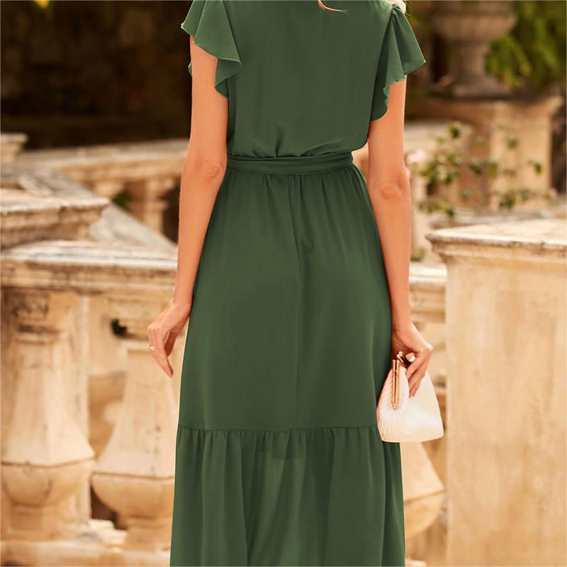🎗️Elegant Wrap V-Neck Tie Waist Ruffle-Sleeve Dress🤍