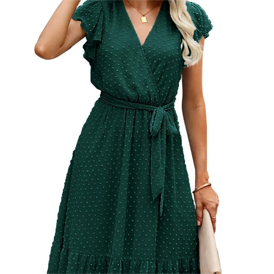 🎗️Elegant Wrap V-Neck Tie Waist Ruffle-Sleeve Dress🤍