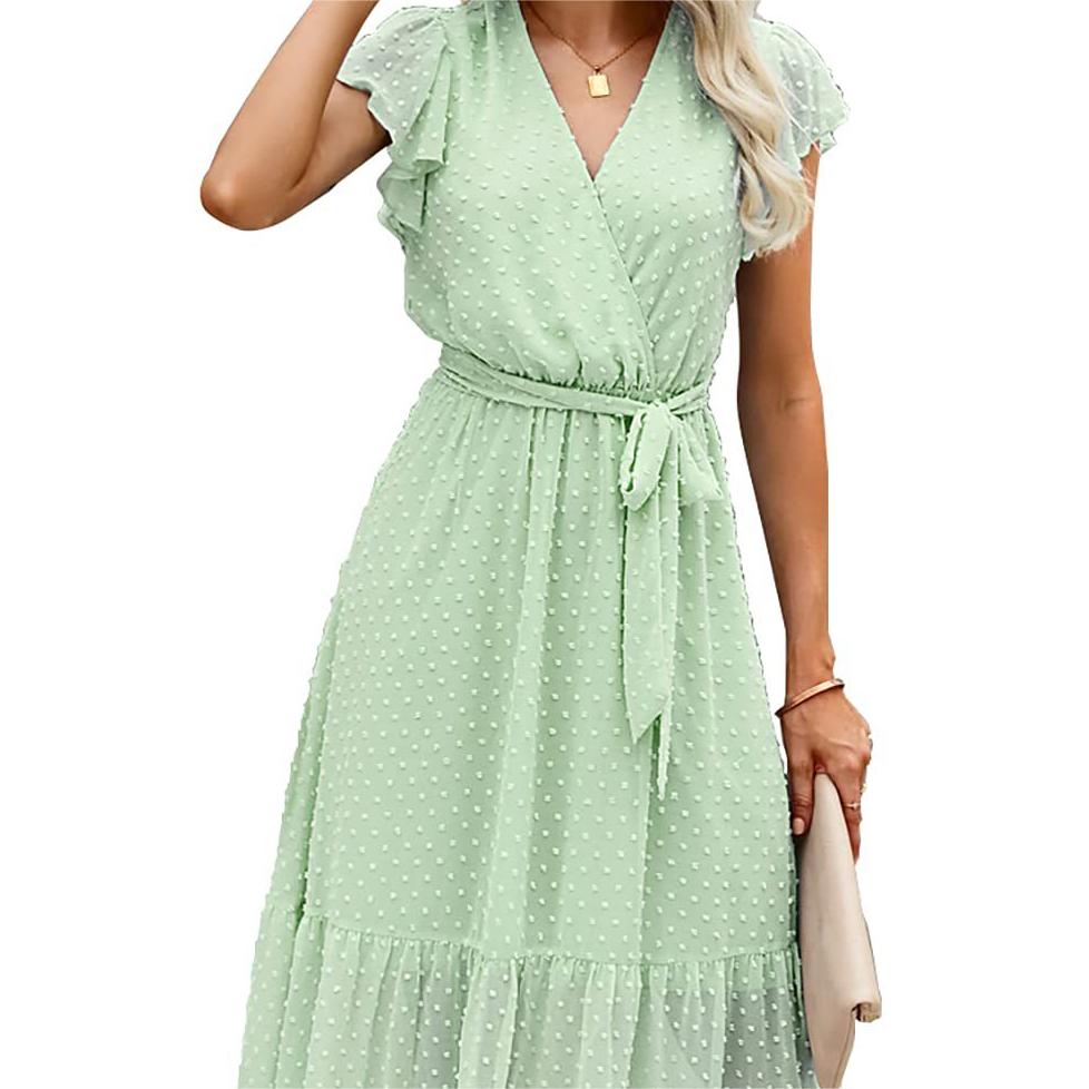 🎗️Elegant Wrap V-Neck Tie Waist Ruffle-Sleeve Dress🤍