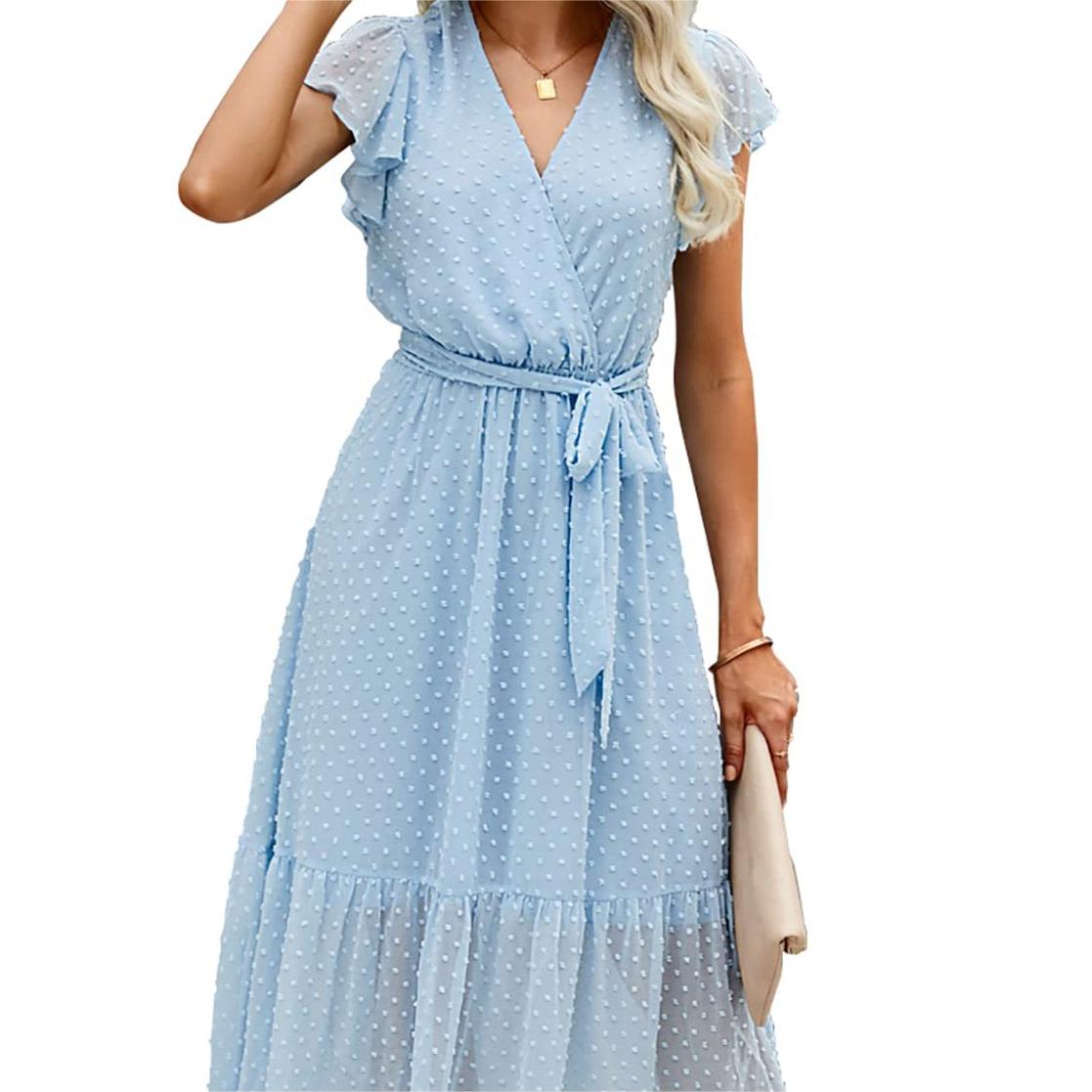 🎗️Elegant Wrap V-Neck Tie Waist Ruffle-Sleeve Dress🤍