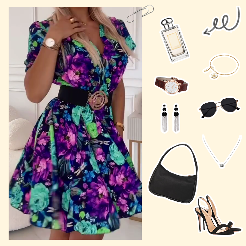 🌸Women's Romantic Floral Print V-Neck Mini Dress