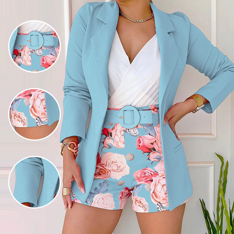 Women's Stylish Blazer & Floral Print Shorts Set